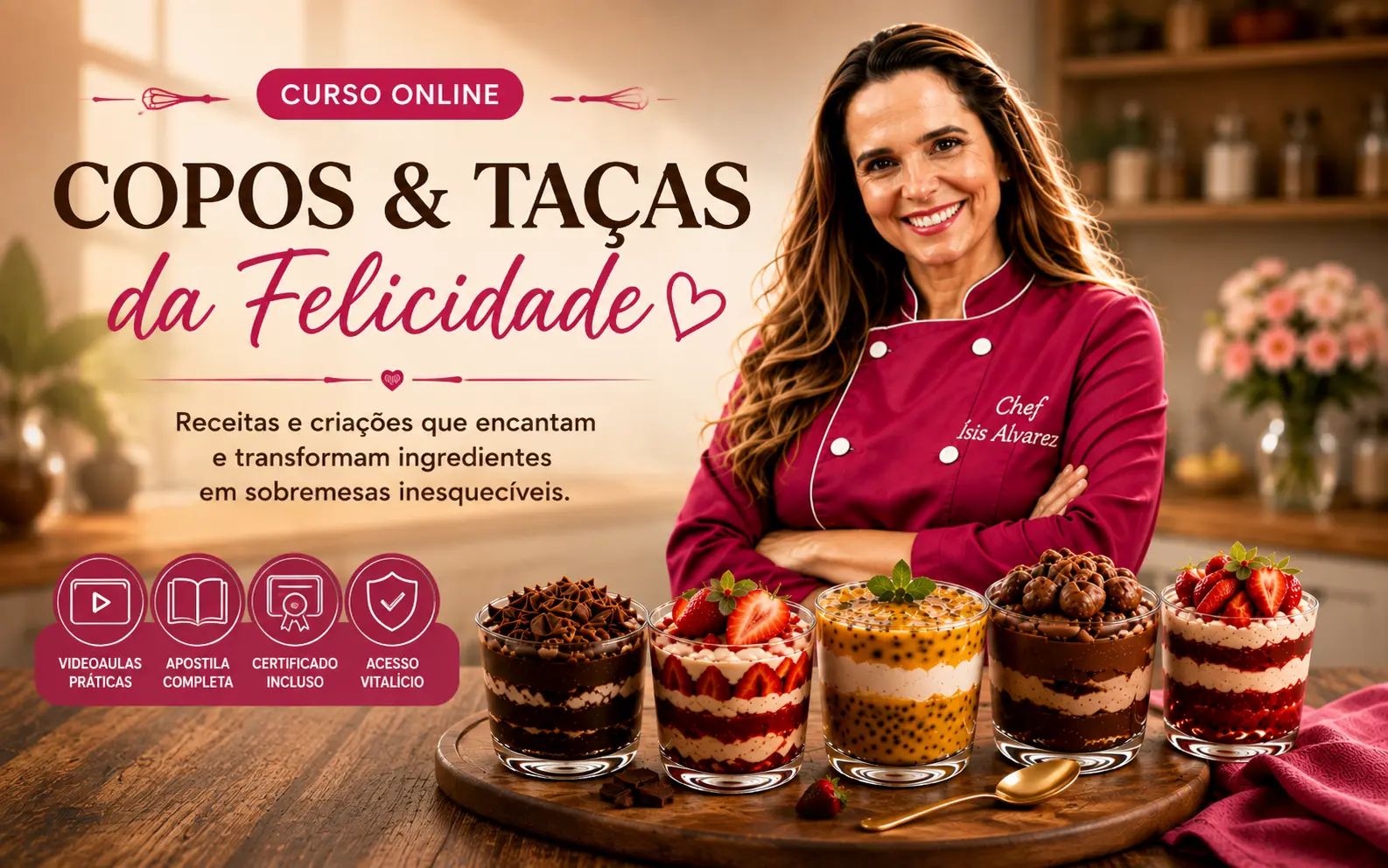 Curso Copos e Taças da Felicidade com sobremesas variadas em copos e taças