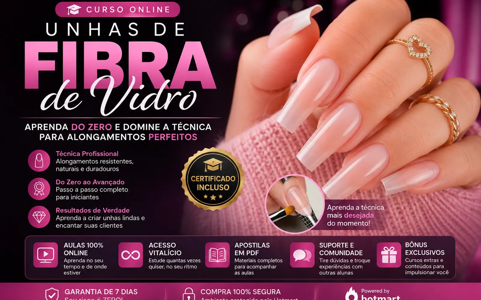 Curso de unhas de fibra de vidro online com certificado e técnica de alongamento
