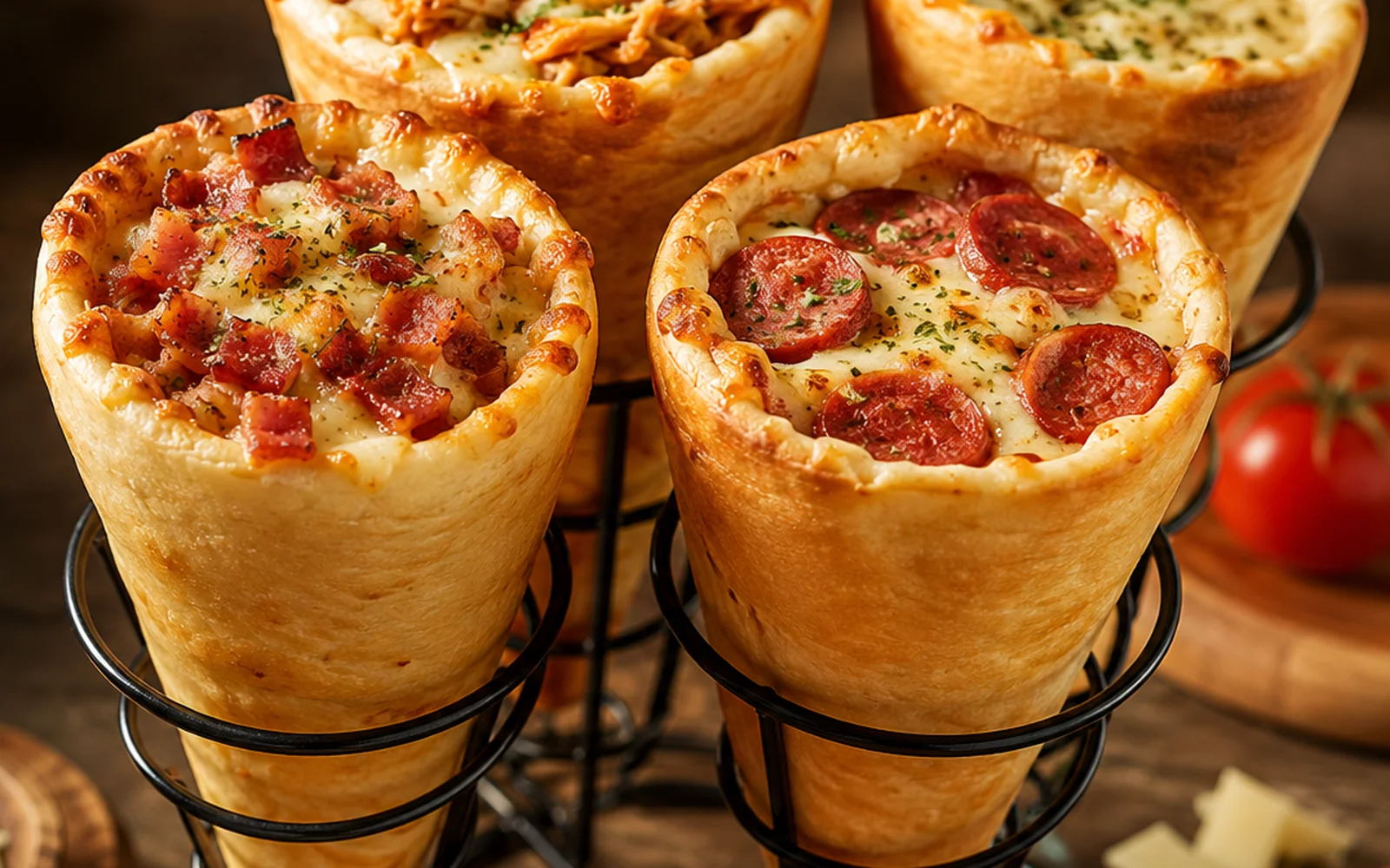 Pizza cone com diferentes recheios — Curso de Pizza Cone online