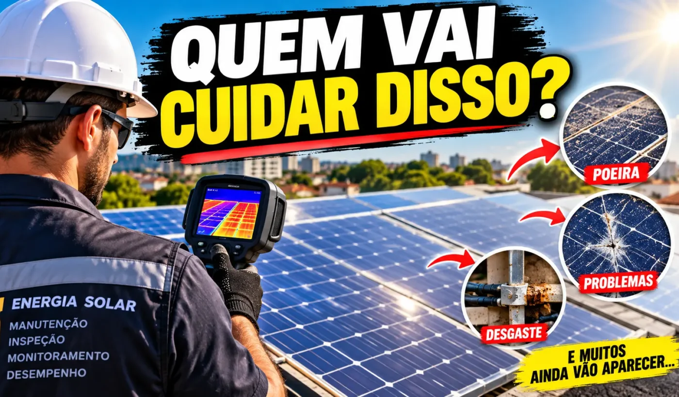 Técnico inspecionando painéis solares com câmera térmica e a pergunta Quem vai cuidar disso?