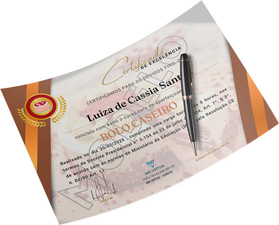 Modelo de certificado do Curso de Bolos Caseiros divulgado pelo produtor MR Virtus.