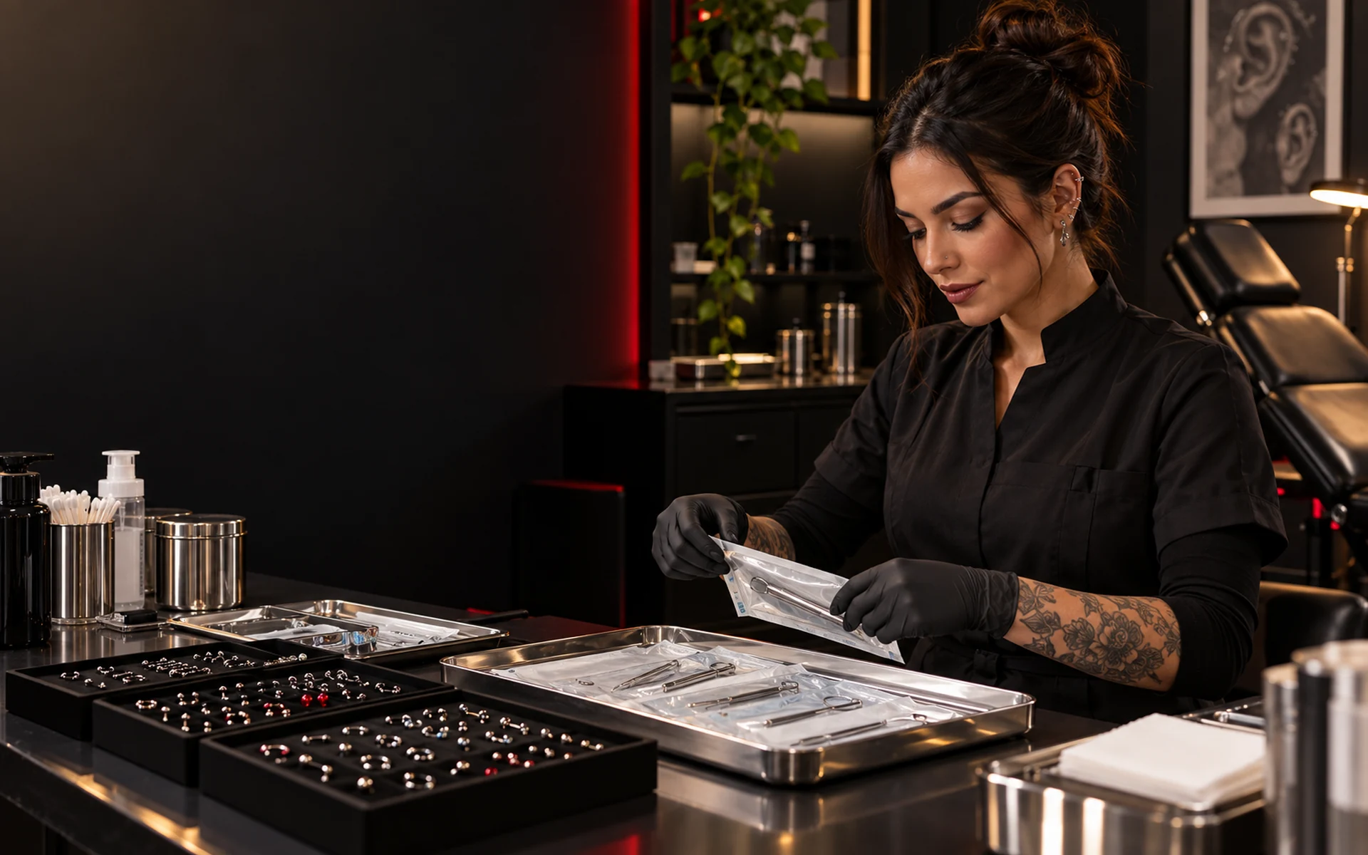 Profissional organiza materiais de body piercing em estúdio
