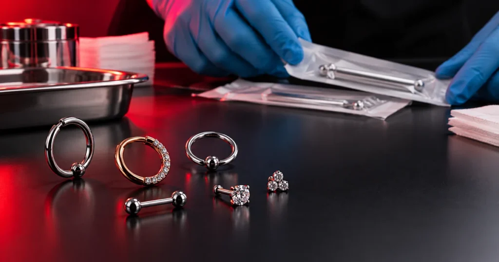 Joias de piercing e materiais embalados sobre bancada