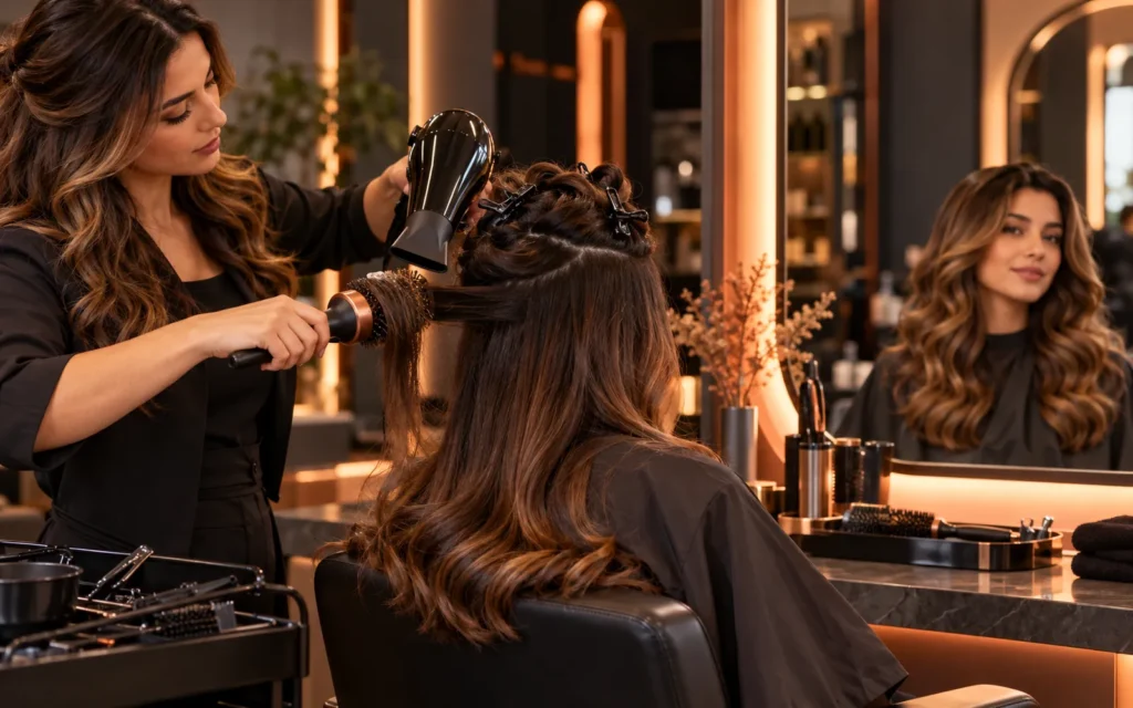 Profissional finalizando cabelo com escova e secador