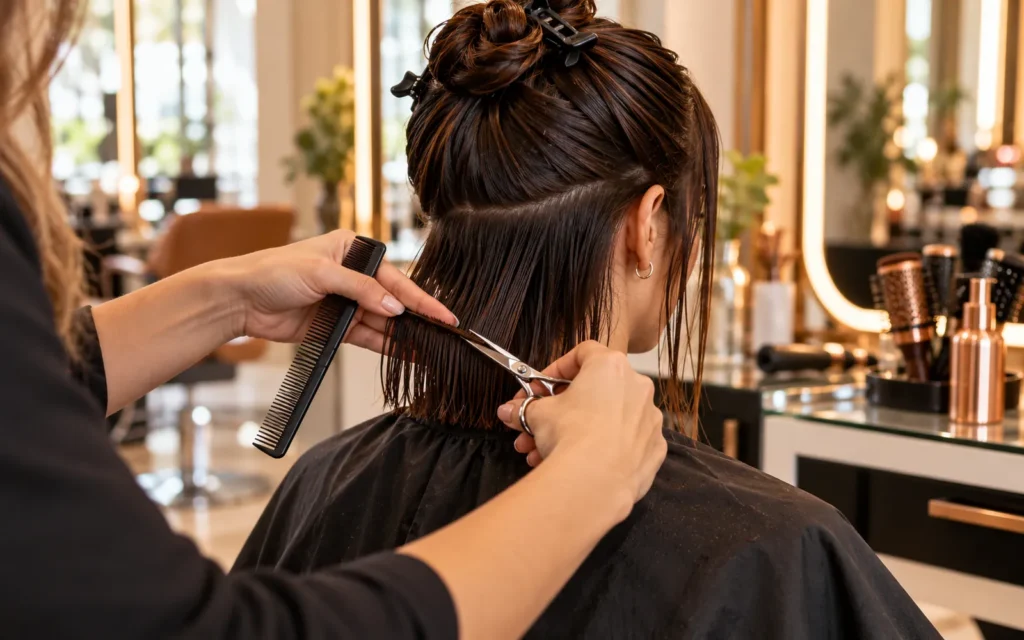 Profissional preparando corte de cabelo