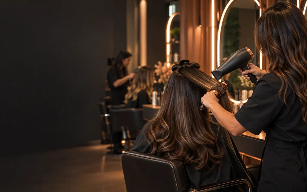 Profissional fazendo escovação em salão de beleza