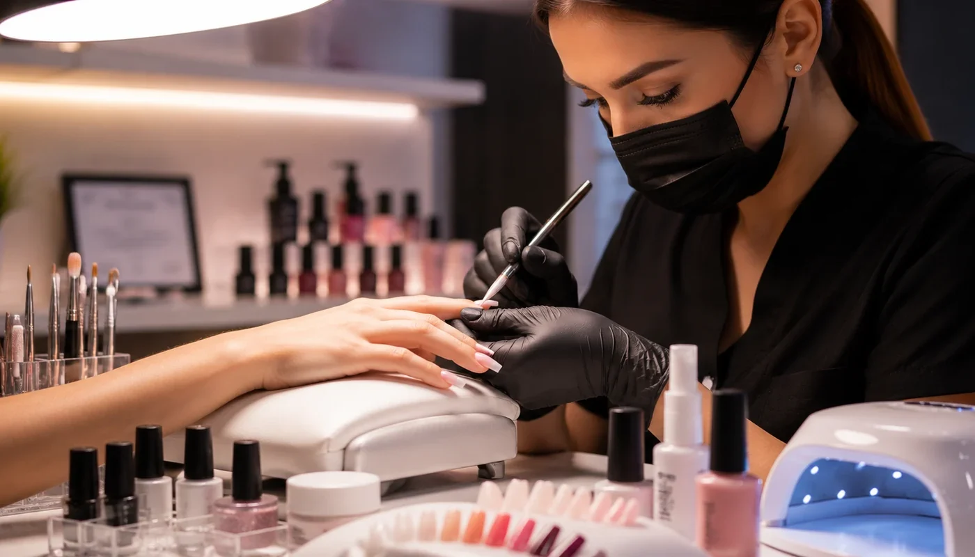 Profissional realizando alongamento de unhas em salão de manicure