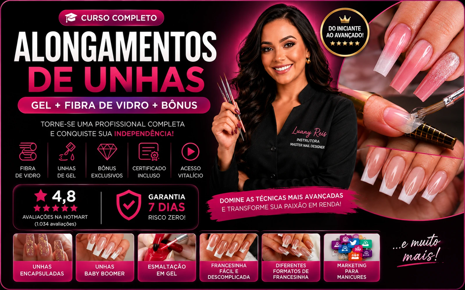 Curso Alongamentos de Unhas com gel, fibra de vidro e bônus