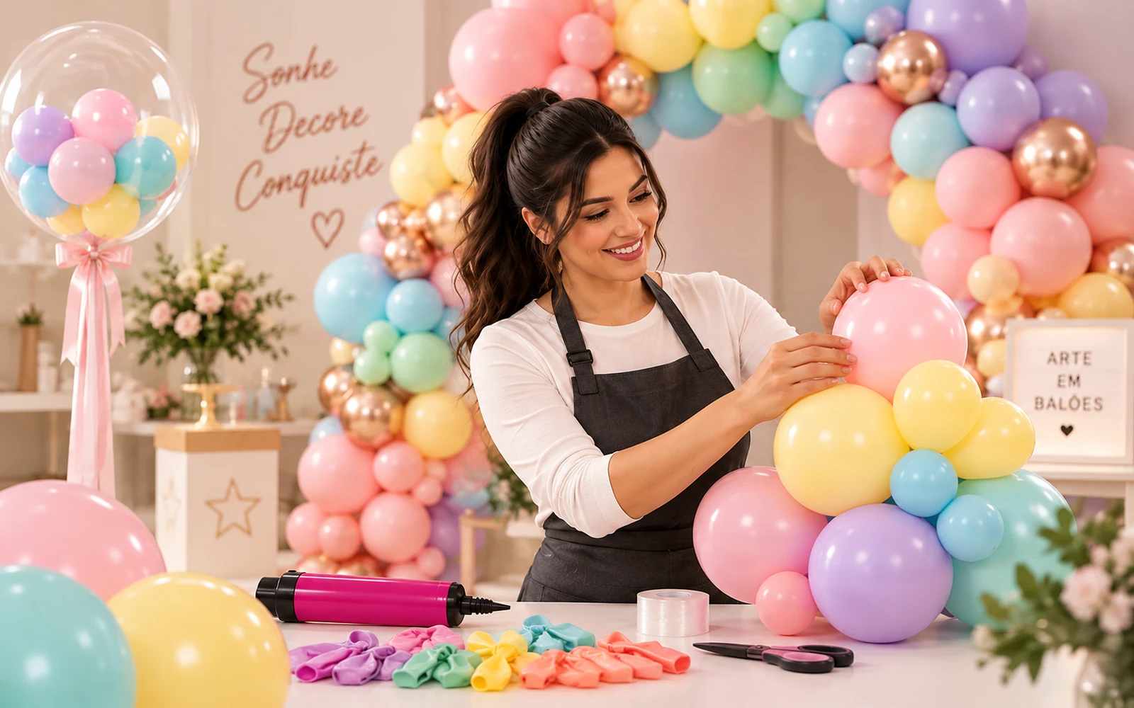 Curso de Balões Decorativos com arco de balões coloridos para festas e eventos