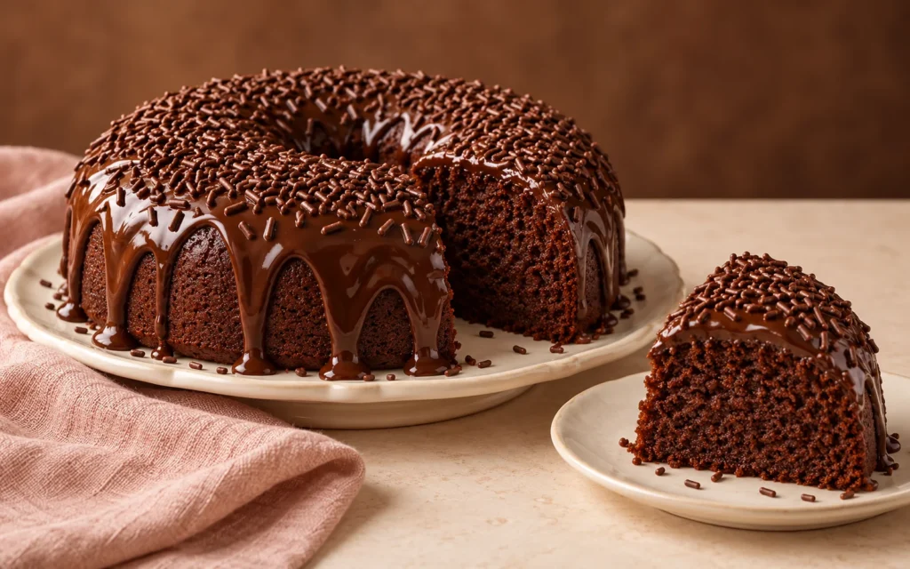 Bolo caseiro de chocolate com brigadeiro e uma fatia servida em prato.