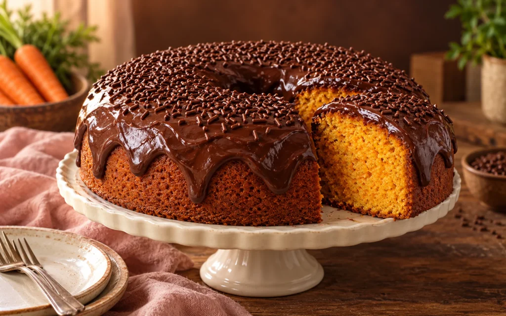 Bolo caseiro de cenoura com cobertura de chocolate sobre suporte de cerâmica.