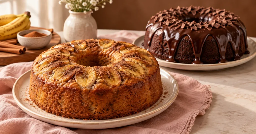 Bolos caseiros de banana com canela e chocolate sobre uma mesa.