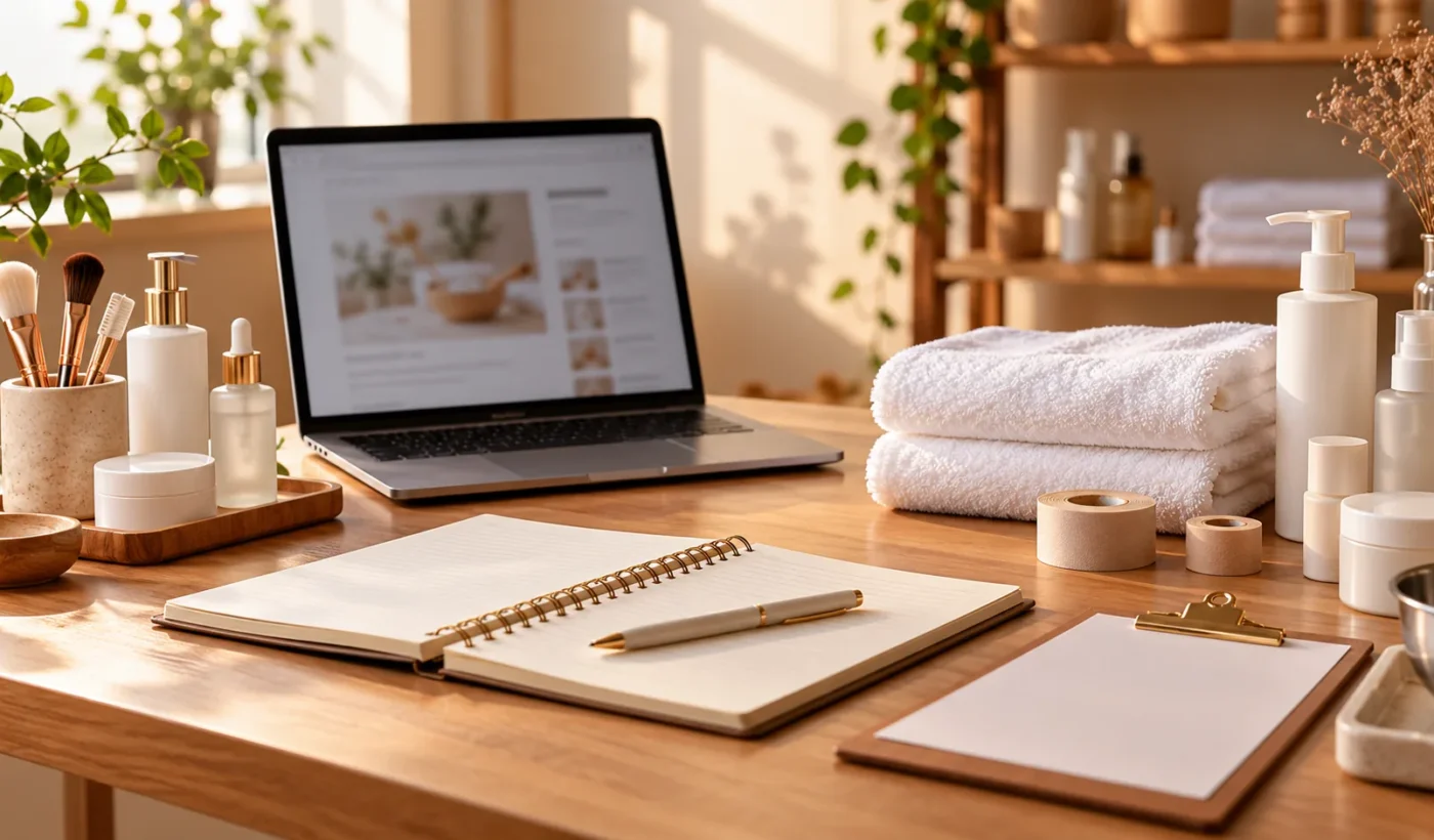 Mesa de estudos com notebook, caderno, prancheta e materiais de beleza organizados.