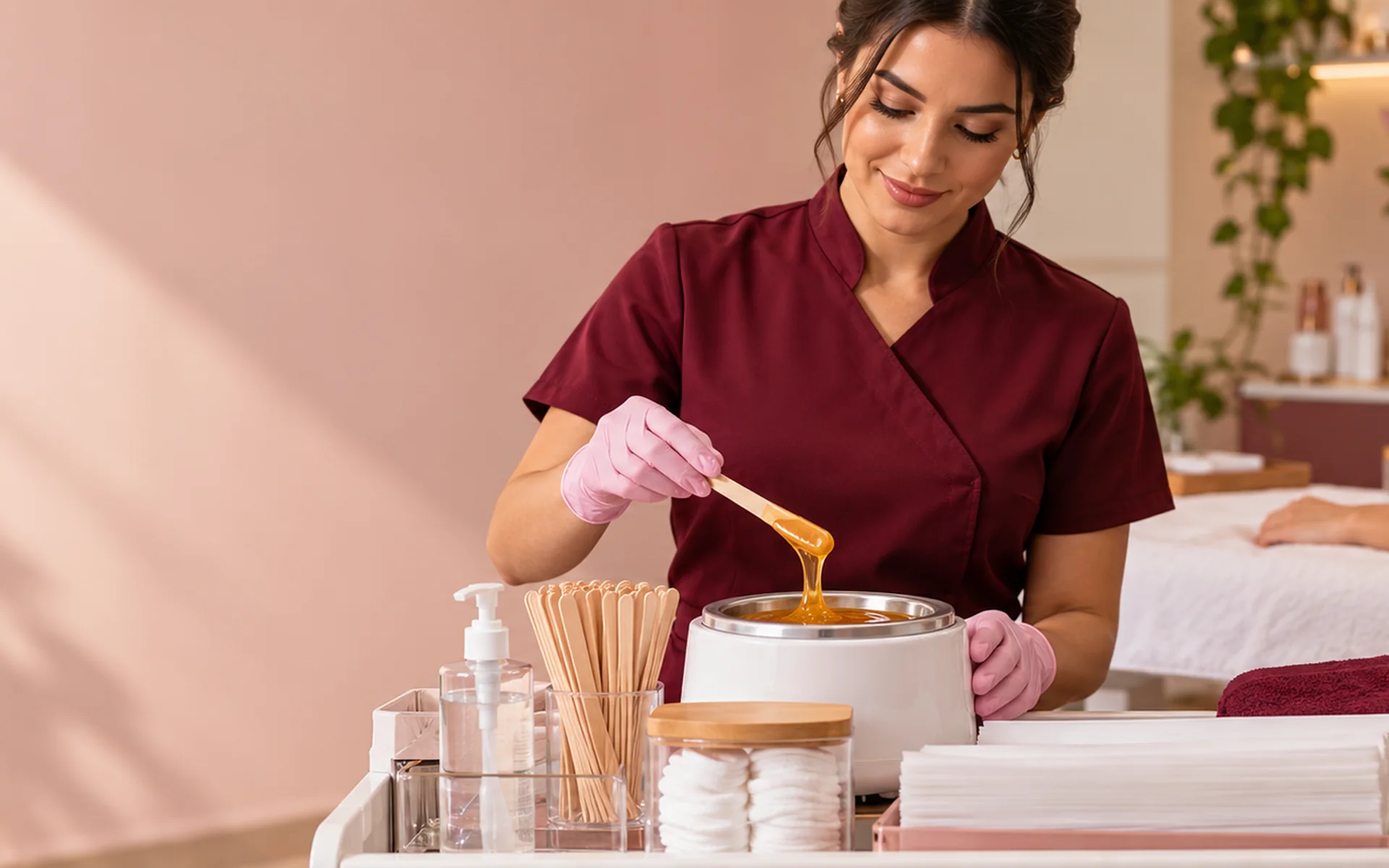 Profissional prepara cera e materiais em estúdio de depilação