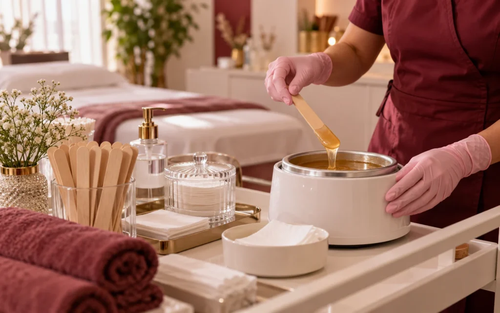 Profissional prepara cera, espátulas e materiais de higiene para depilação