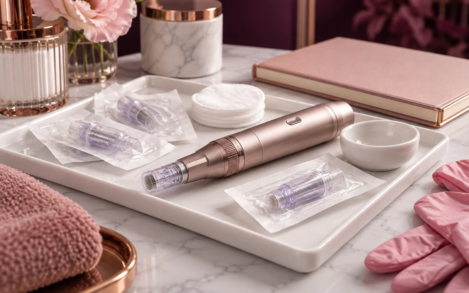 Ilustração de caneta de microagulhamento e materiais sobre uma bancada em tons de rosa.
