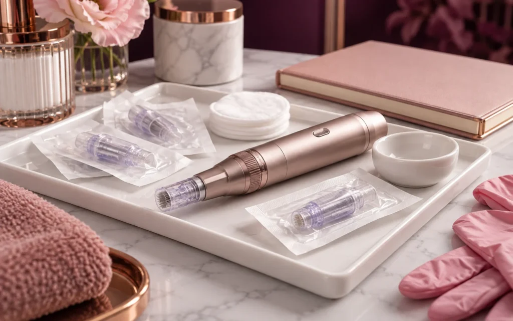 Equipamento de microagulhamento e materiais em imagem ilustrativa do curso Dermapen Online.
