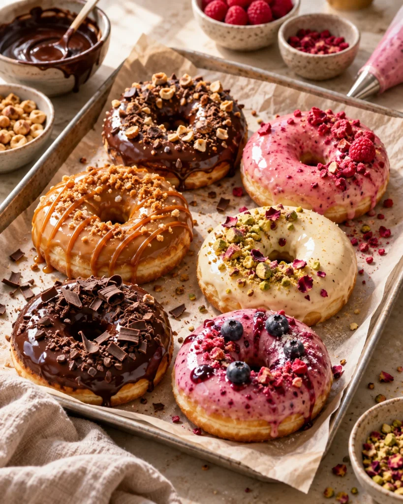 Donuts gourmet variados em uma bandeja com coberturas de chocolate, frutas e caramelo