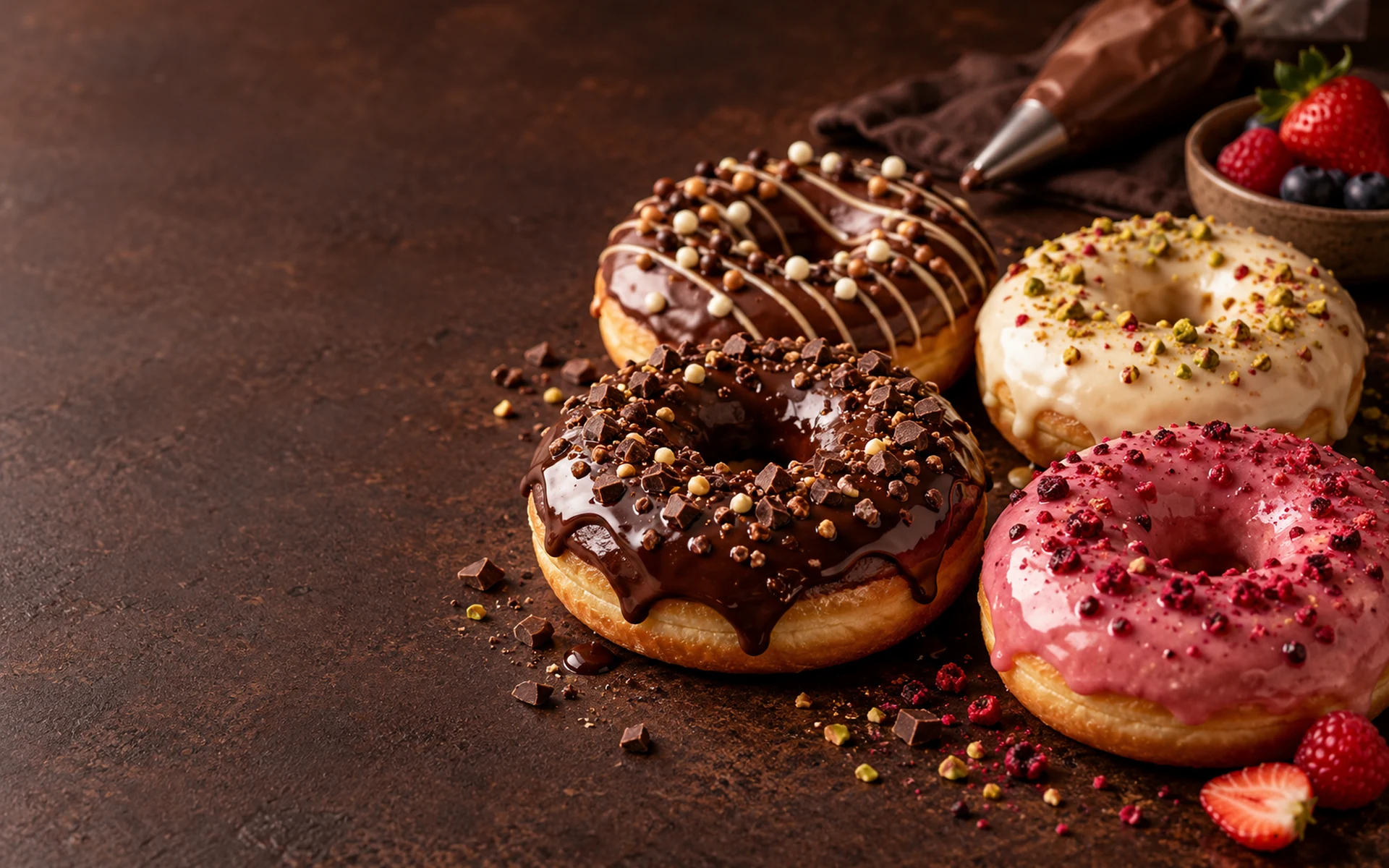 Donuts gourmet com coberturas de chocolate, frutas vermelhas e creme sobre fundo escuro