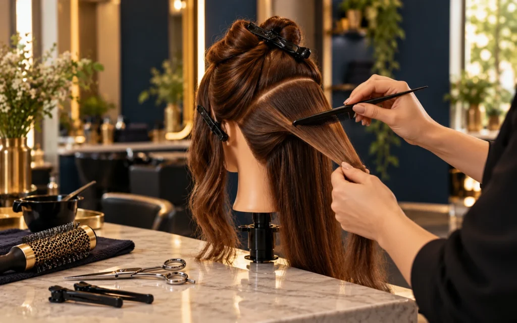 Mãos de cabeleireira separando uma mecha de cabelo em cabeça de treino, com pente, tesoura e escova sobre a bancada.