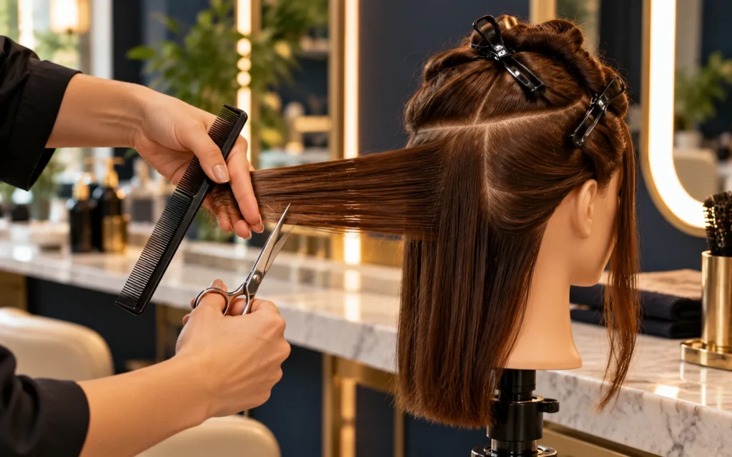 Demonstração de corte em cabelo de cabeça de treino, com mecha separada, pente e tesoura em salão.