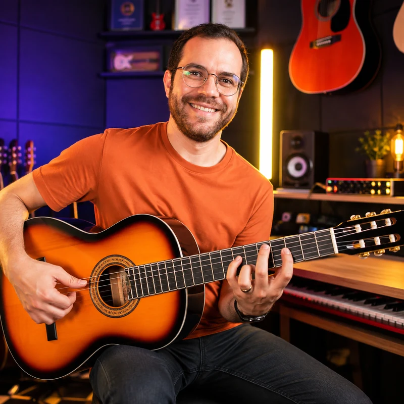 Professor do curso Violão Intensivo tocando violão em estúdio musical