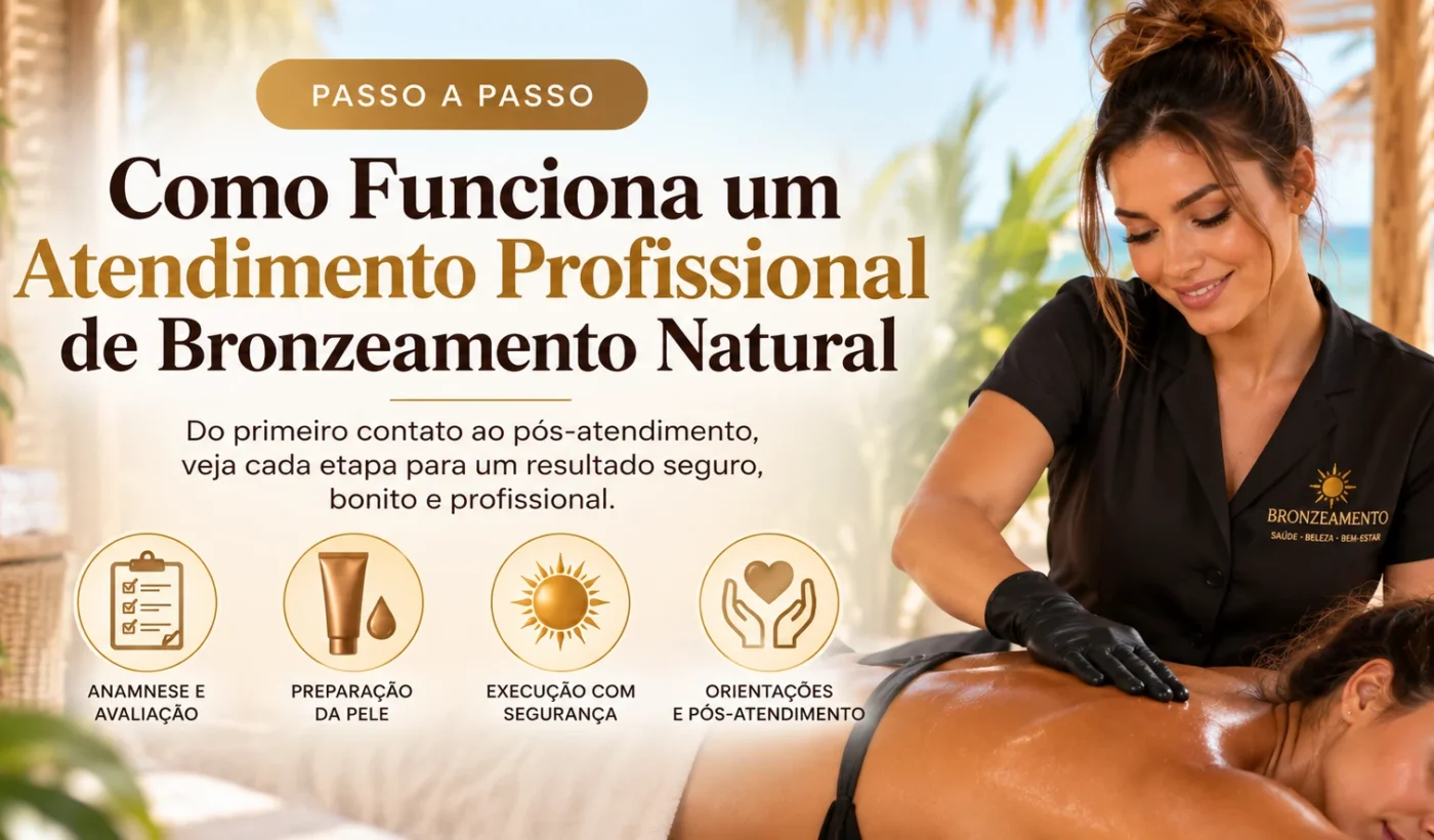 Atendimento profissional de bronzeamento natural com preparação da pele, avaliação e cuidados durante o procedimento