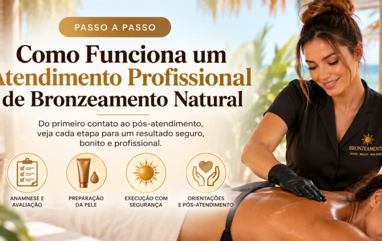 Atendimento profissional de bronzeamento natural com preparação da pele, avaliação e cuidados durante o procedimento