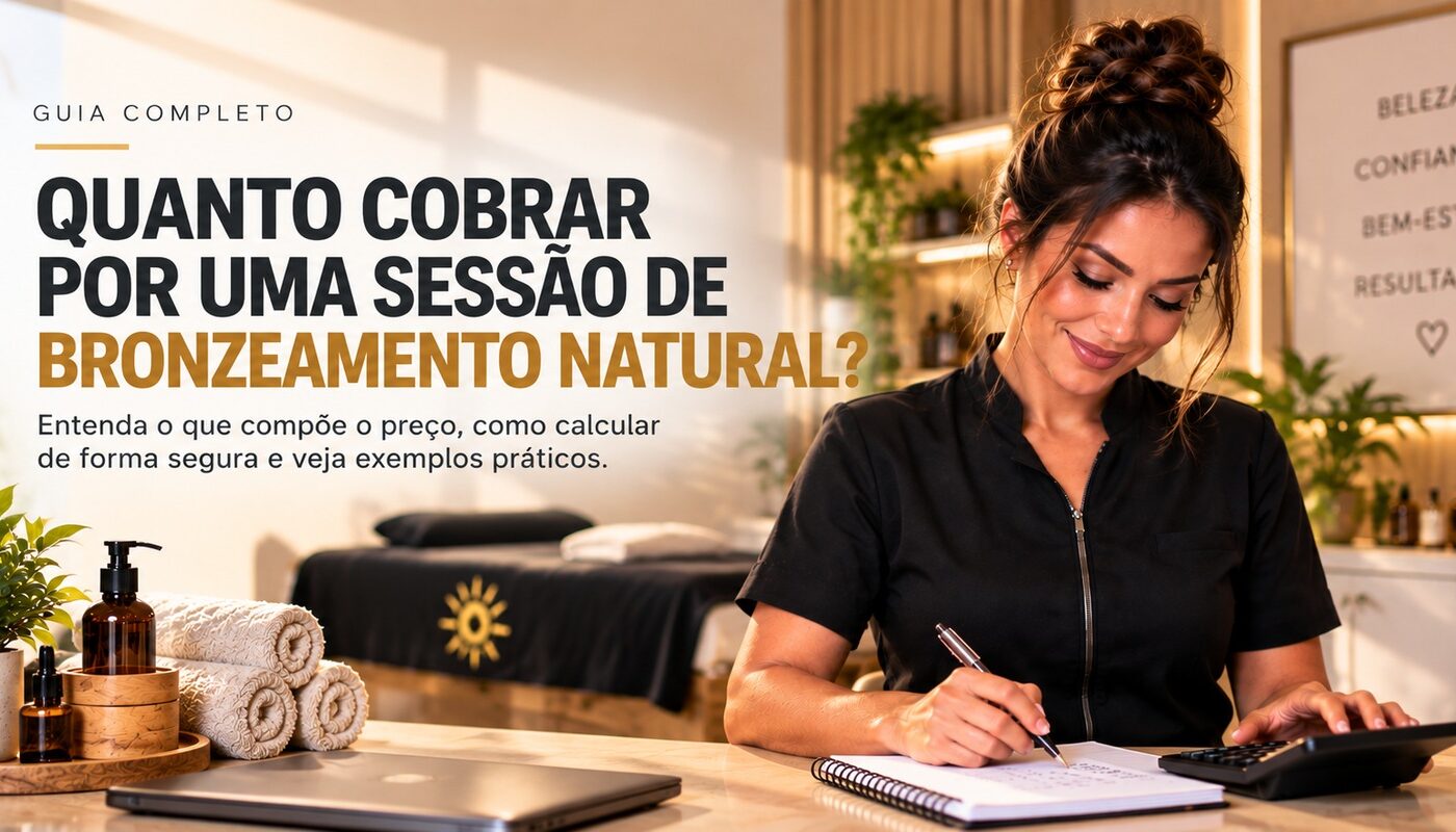 Profissional calculando quanto cobrar por uma sessão de bronzeamento natural em ambiente de atendimento estético
