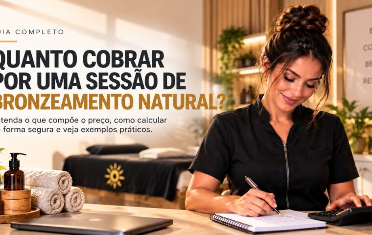 Profissional calculando quanto cobrar por uma sessão de bronzeamento natural em ambiente de atendimento estético