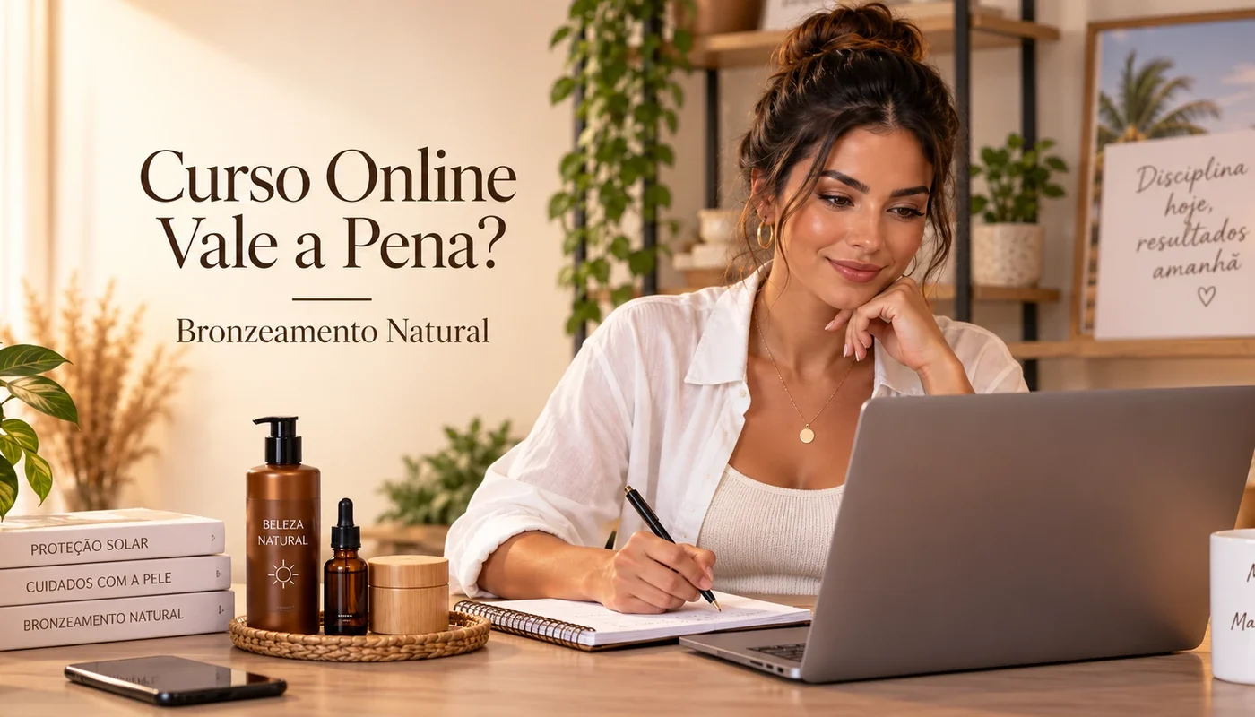 Curso de bronzeamento natural online vale a pena — aluna estudando pelo notebook com materiais de beleza