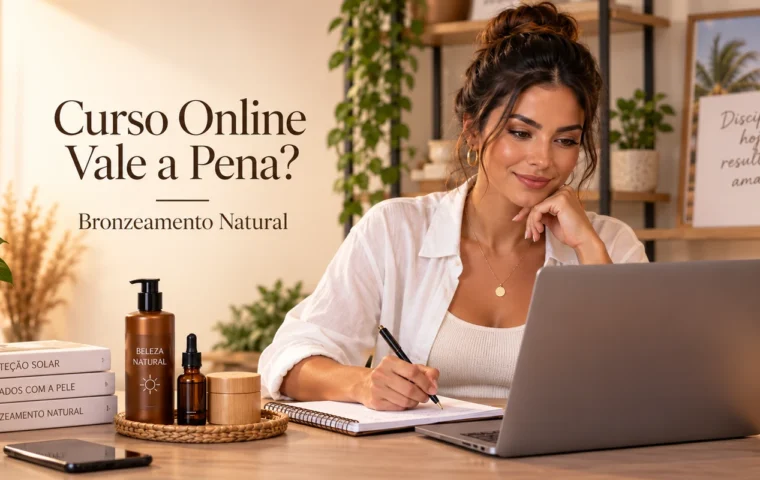 Curso de bronzeamento natural online vale a pena — aluna estudando pelo notebook com materiais de beleza