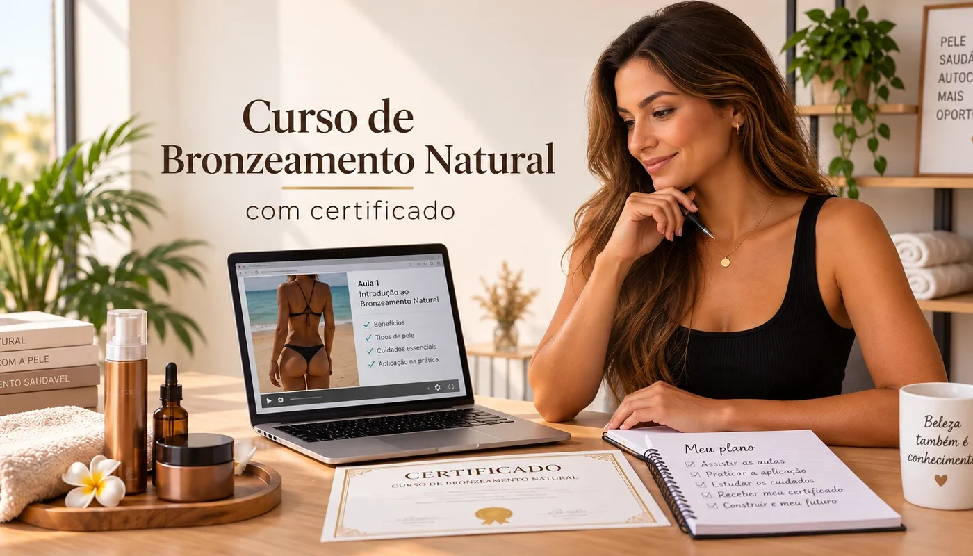 Curso de bronzeamento natural com certificado — aluna estudando online com certificado de conclusão