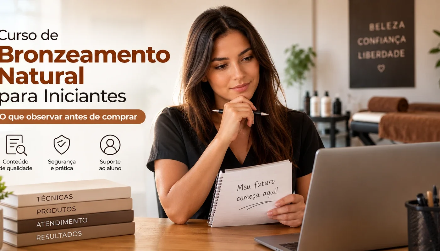 Curso de bronzeamento natural para iniciantes — aluna avaliando formação online antes de comprar