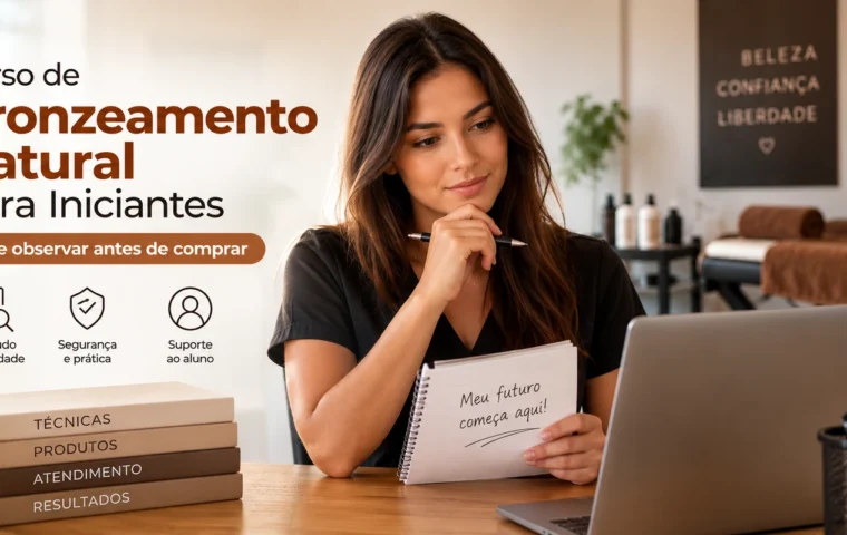 Curso de bronzeamento natural para iniciantes — aluna avaliando formação online antes de comprar