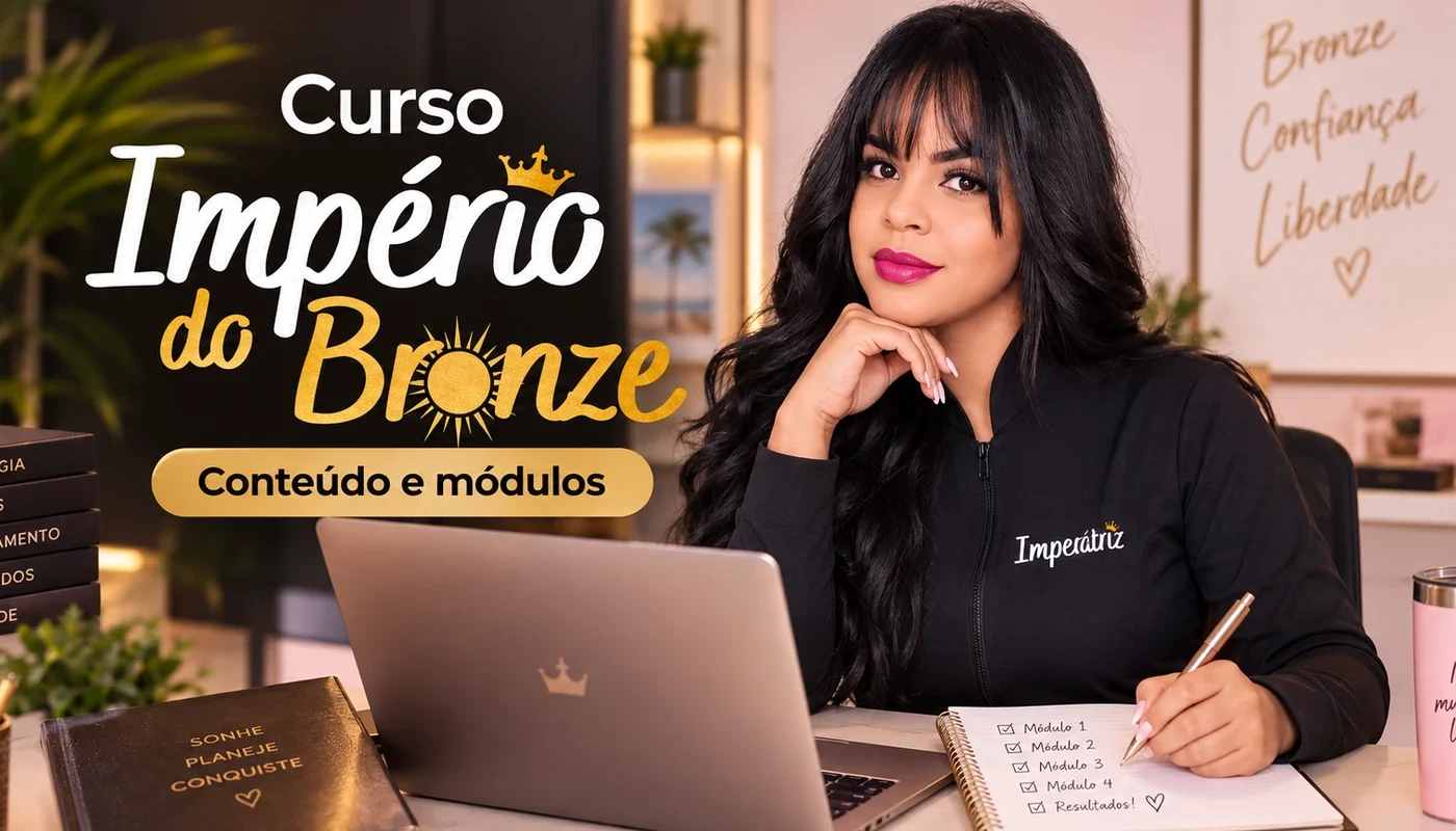 Curso Império do Bronze — professora apresentando conteúdo e módulos da formação em bronzeamento natural