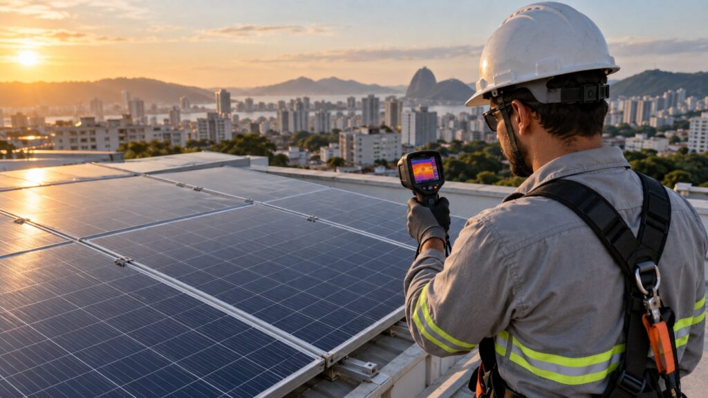 Técnico inspeciona painéis solares com câmera térmica em um telhado