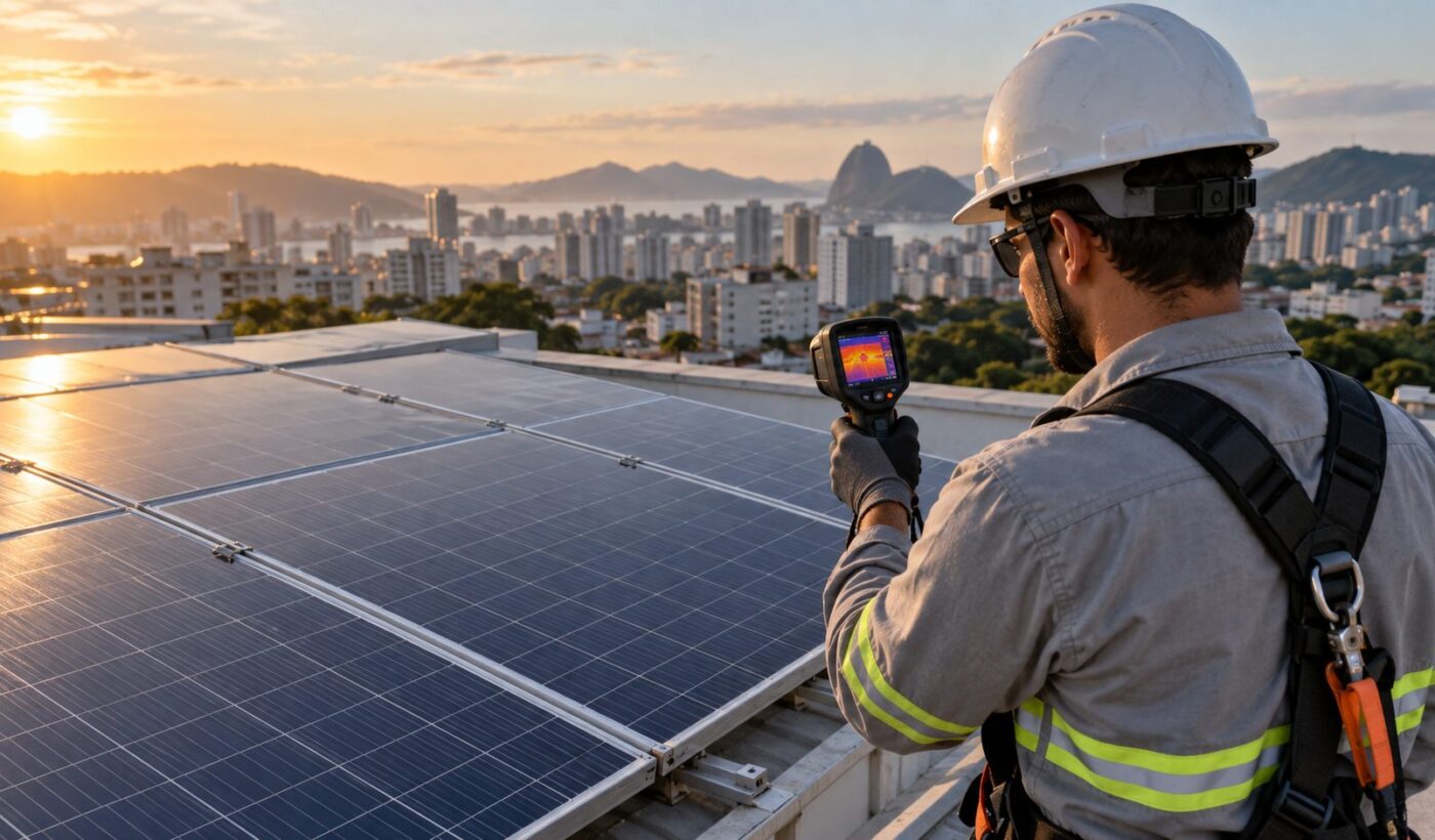 Técnico inspeciona painéis solares com câmera térmica em um telhado