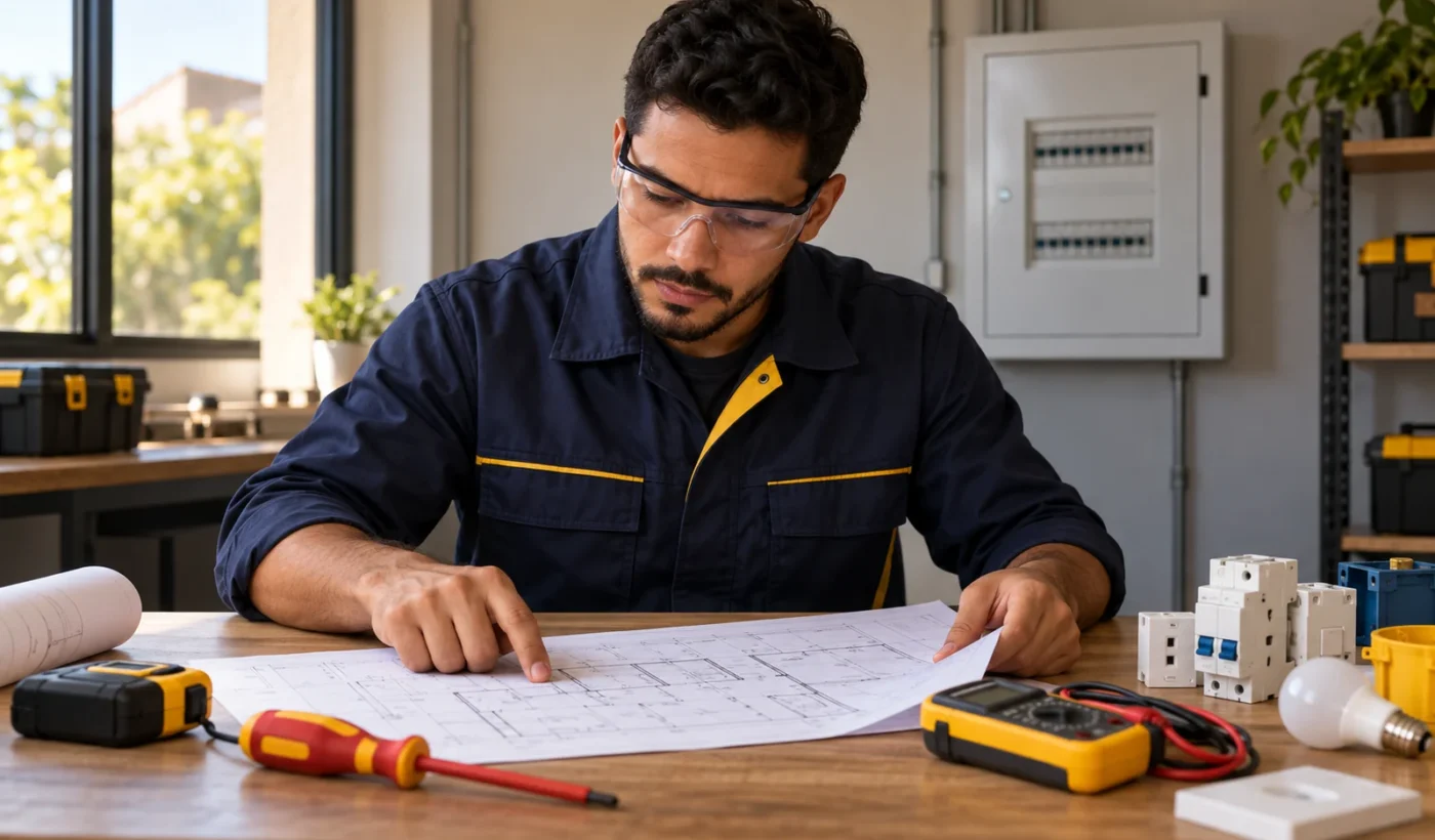Cena ilustrativa de estudo de uma planta elétrica, com instrumentos e componentes sobre a mesa.
