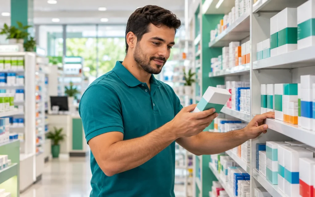 Atendente organiza caixas de produtos em uma prateleira — imagem ilustrativa