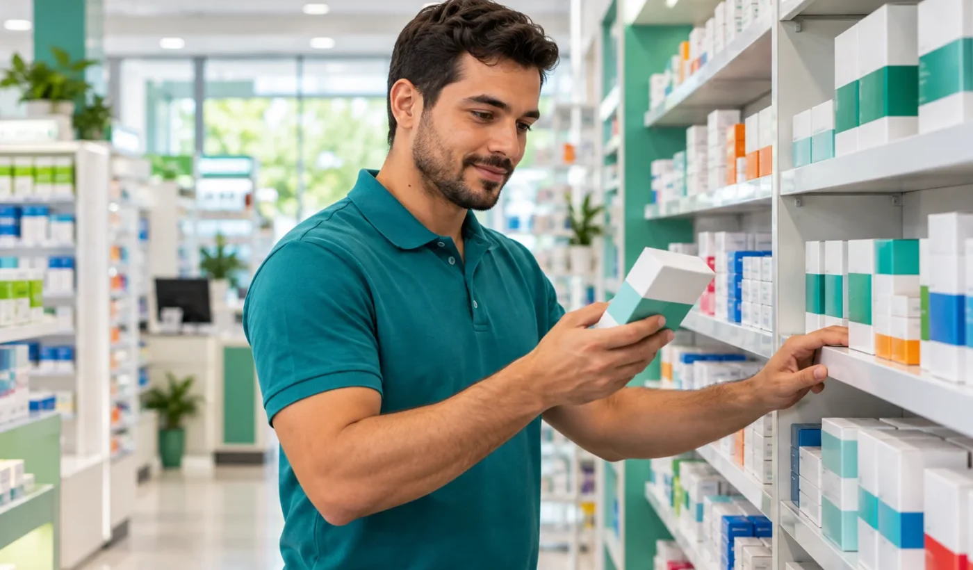 Atendente organiza caixas de produtos em uma prateleira — imagem ilustrativa