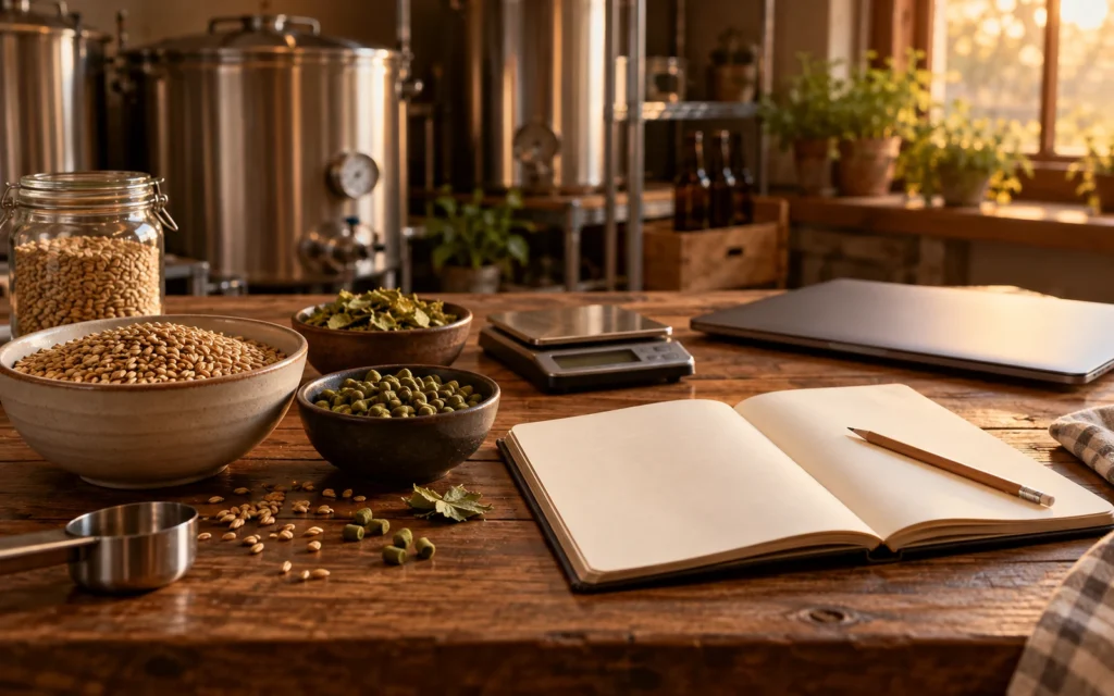 Caderno, ingredientes e balança em uma bancada de planejamento cervejeiro.