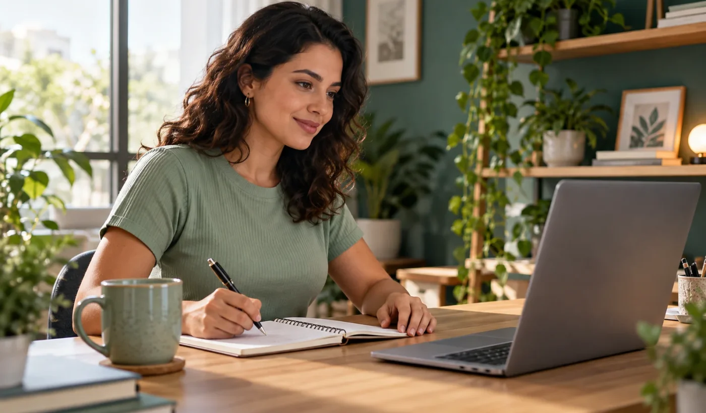 Mulher estuda com notebook e caderno em casa — imagem ilustrativa