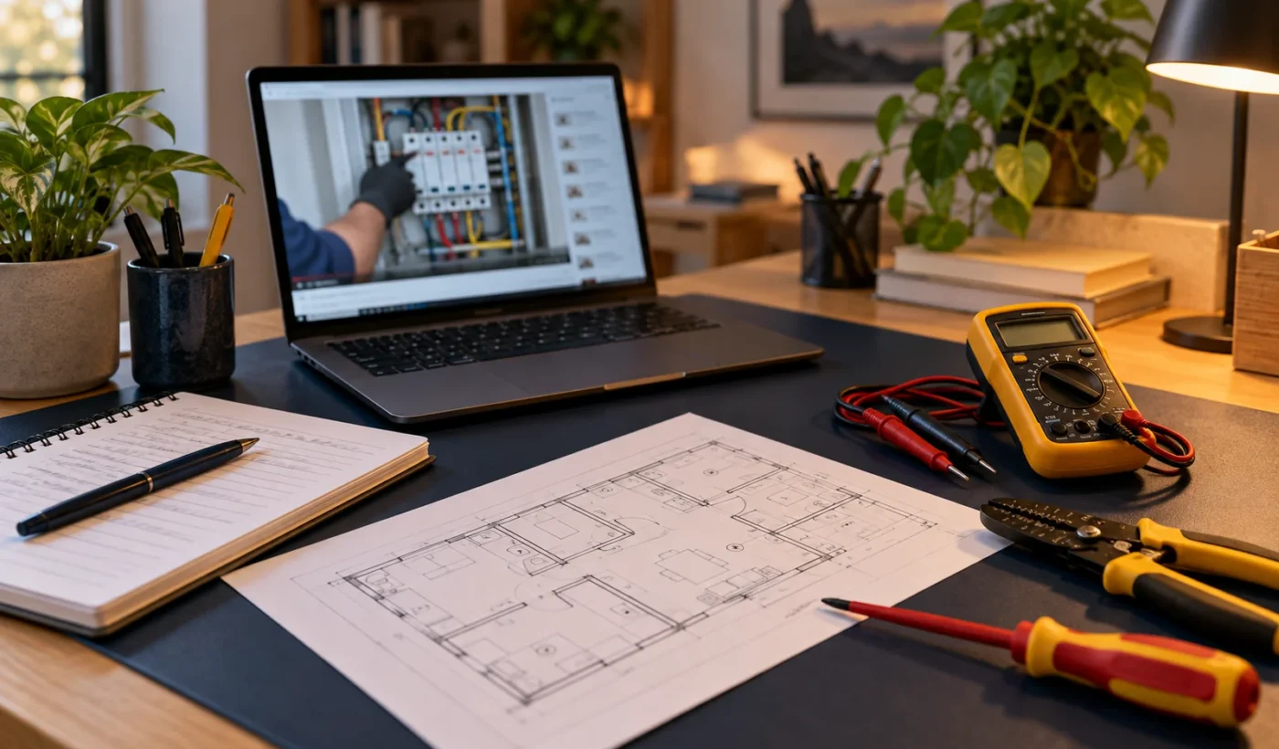 Cena ilustrativa de uma bancada de estudo com notebook, diagramas elétricos e ferramentas.