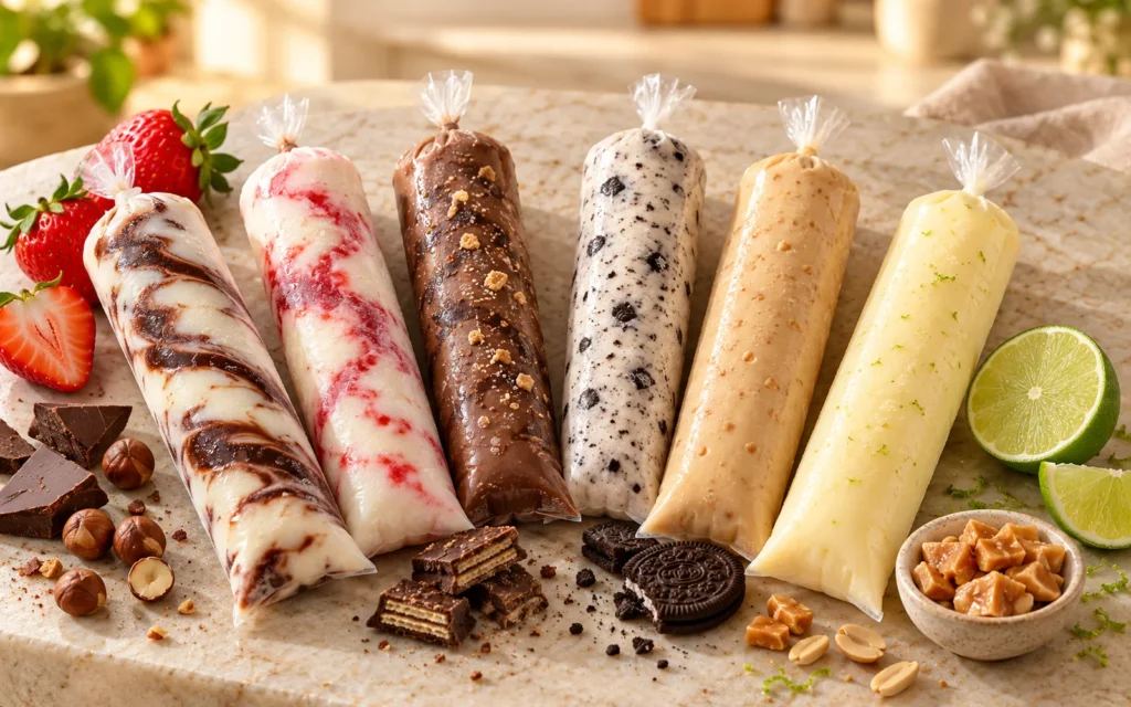 Ilustração de uma seleção de geladinhos gourmet com diferentes sabores.
