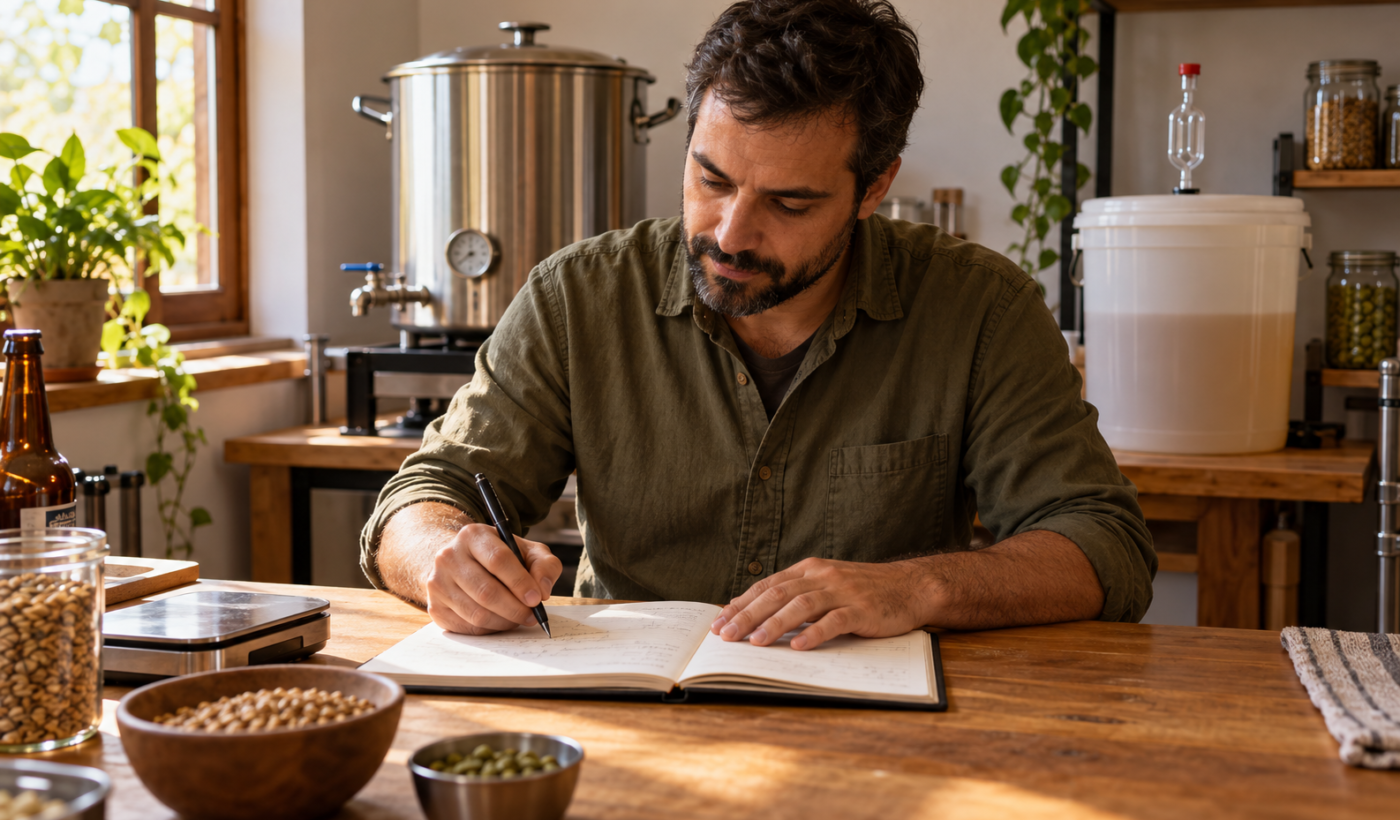 Homem anotando a produção de cerveja em um caderno, ao lado de equipamentos cervejeiros.