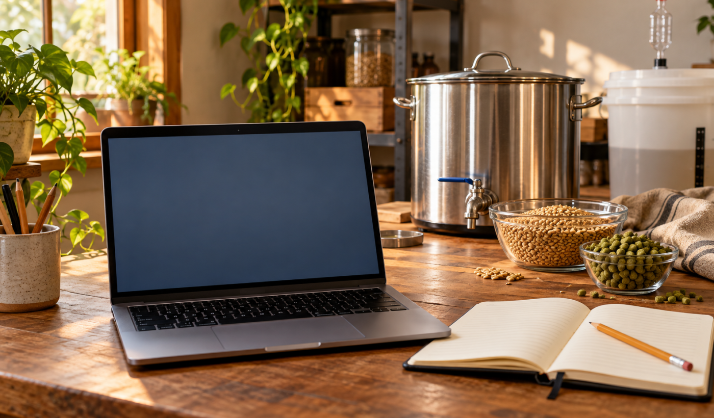 Notebook, caderno, malte, lúpulo e equipamentos de produção de cerveja artesanal sobre uma bancada.