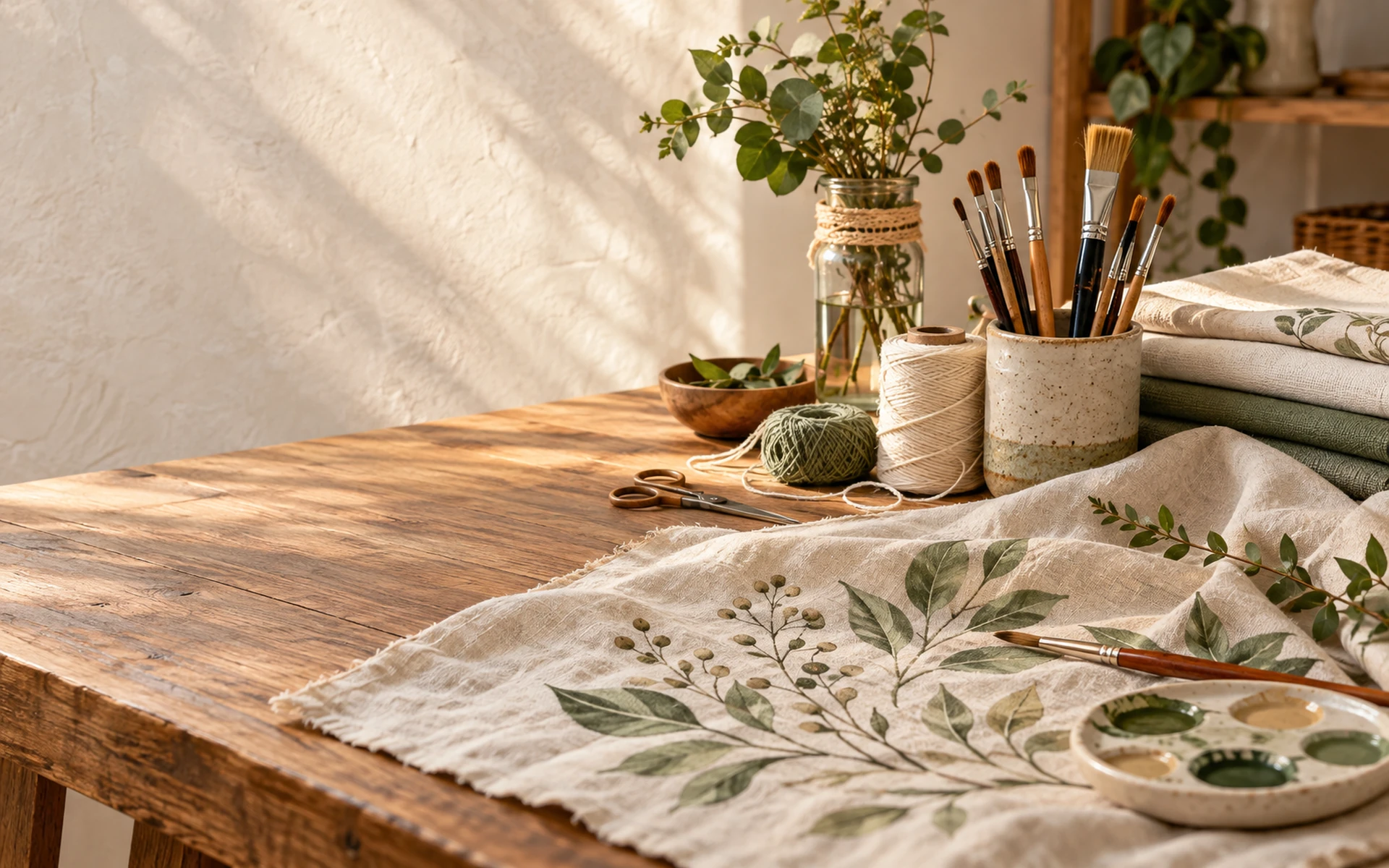 Mesa com pincéis, tecidos, linhas e referências botânicas para projetos artesanais.