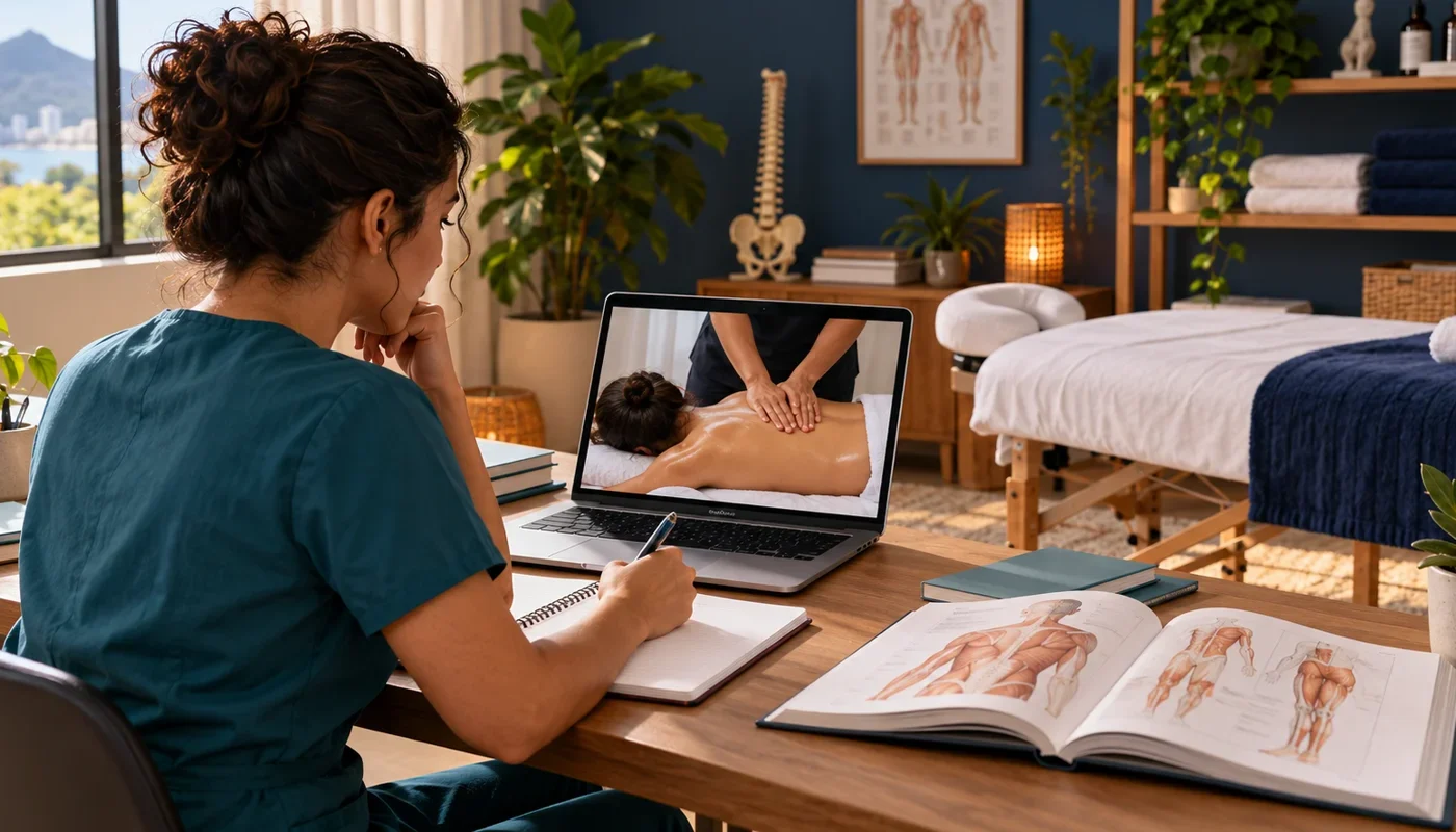 Estudante revisando uma aula de massagem no computador, ao lado de uma maca em ambiente de estudo.