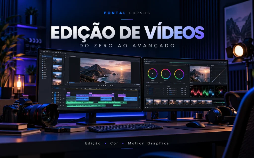 Arte ilustrativa do curso de Edição de Vídeos, com monitores de edição, timeline e controles de cor.